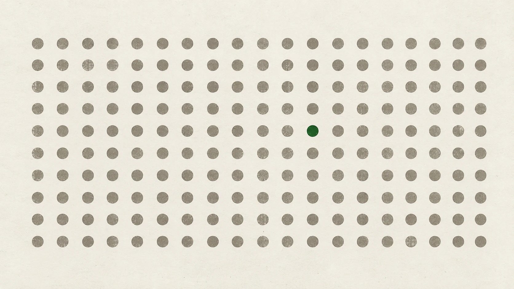 A grid of identical grey dots with a single green dot, placed slightly off-centre.